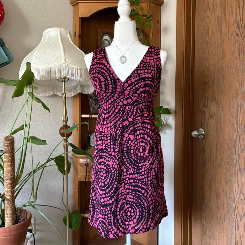 INC International Concepts Black & Pink Spiral Dot V-Neck Dress